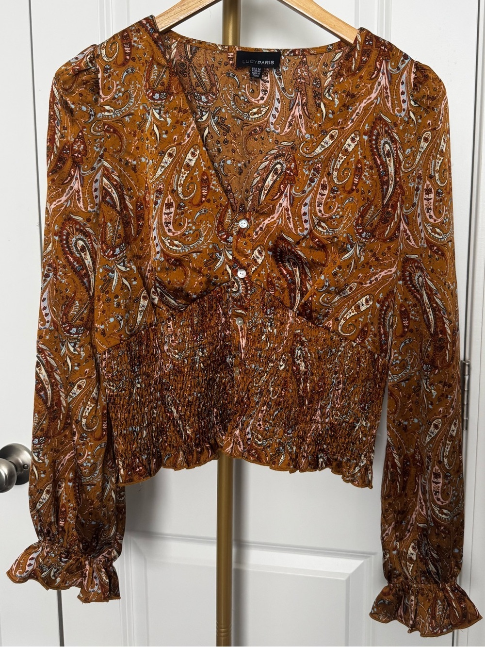 Lucy Paris Rust Paisley Smocked V-Neck Blouse - Picture 1 of 3